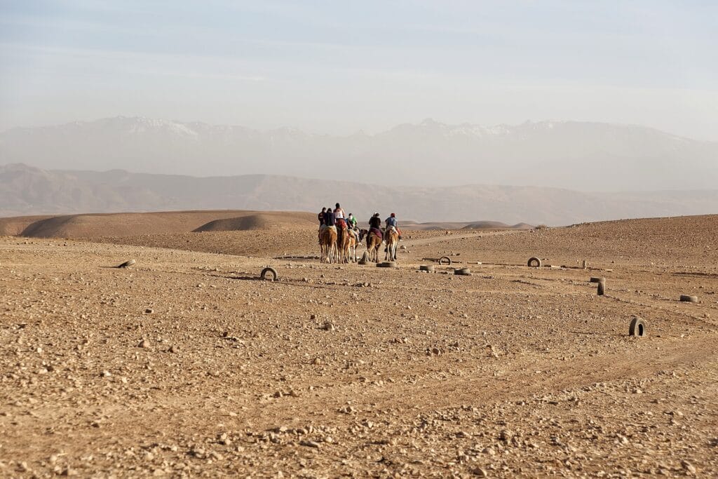 Paysage du désert de pierres d'Agafay avec l'Atlas enneigé