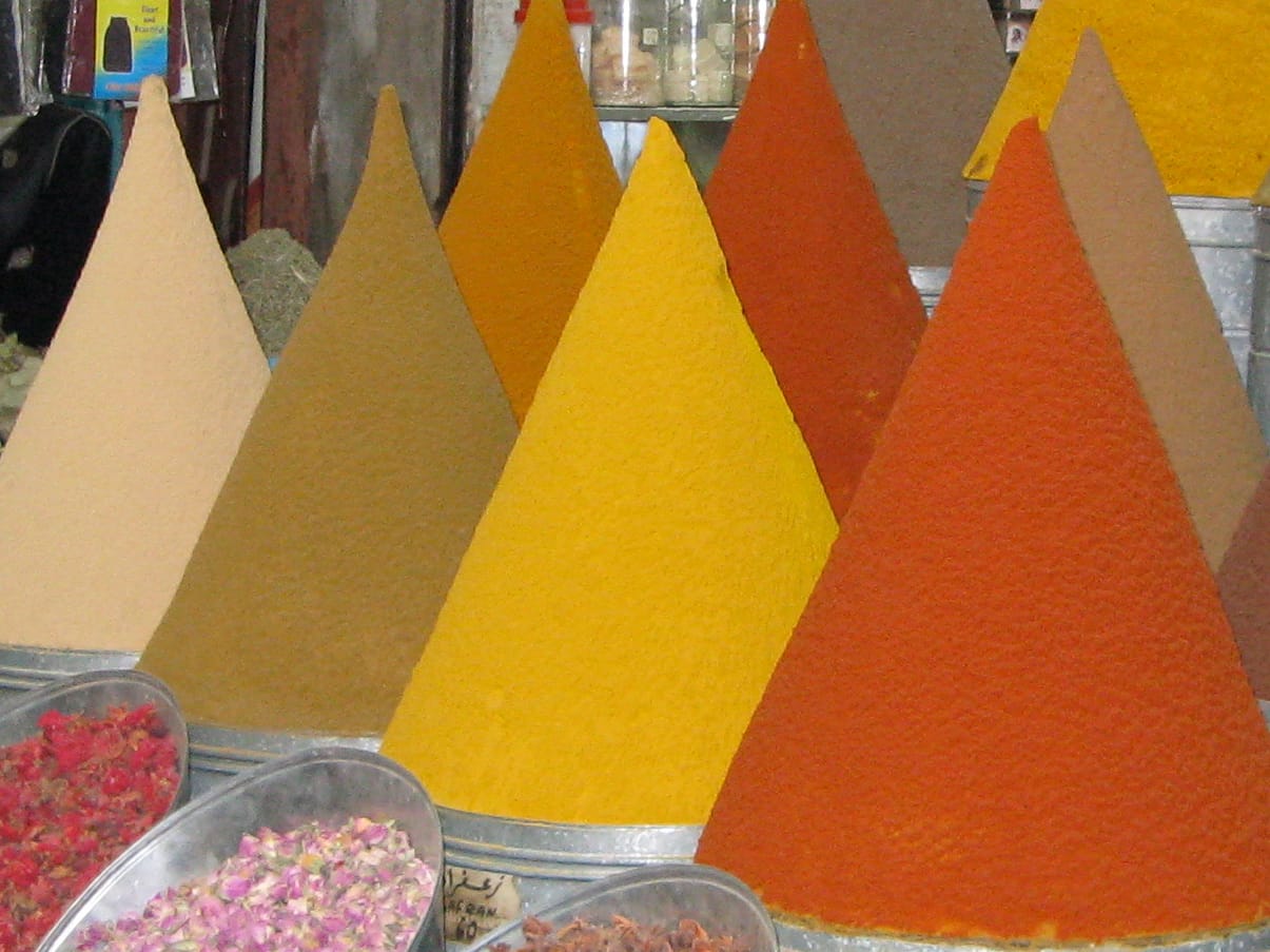 A Moroccan spice stall in a Marrakech souk