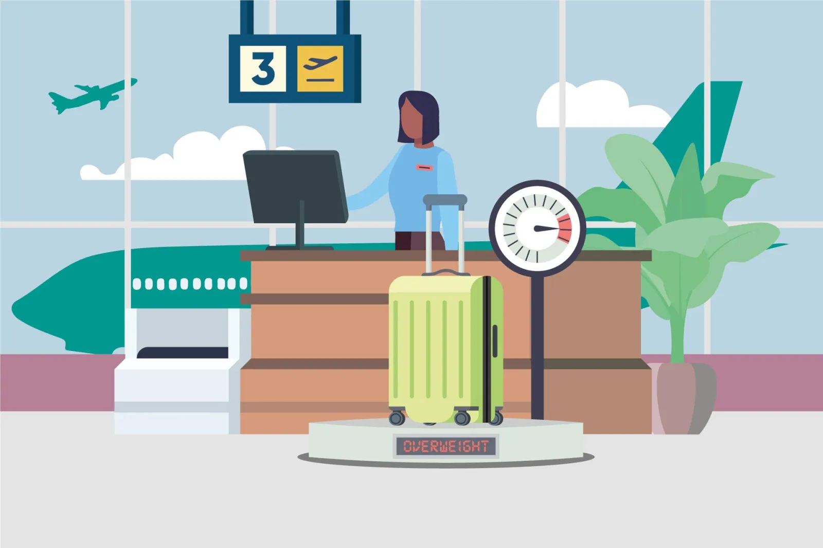 Overweight suitcase on a scale at the airport