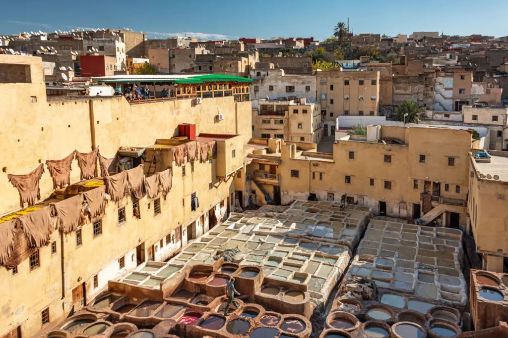 Vue d'ensemble des tanneries Chouara à Fès avec cuves de teinture colorées, cuves blanches de chaux et peaux qui sèchent sur les façades