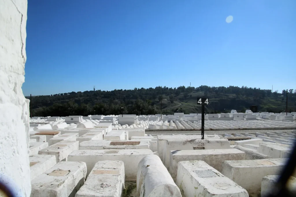 Reihen weißer Gräber auf dem jüdischen Friedhof von Fès unter blauem Himmel, bewaldete Hügel am Horizont