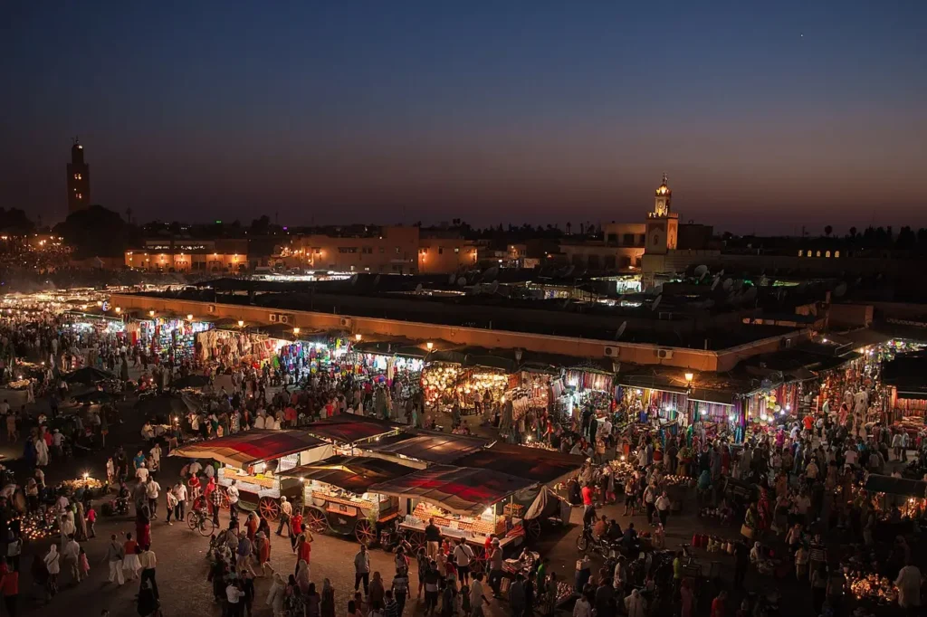 Piazza Jemaa el-Fna di Marrakech di sera, folla compatta, bancarelle illuminate e fumo delle cucine ambulanti
